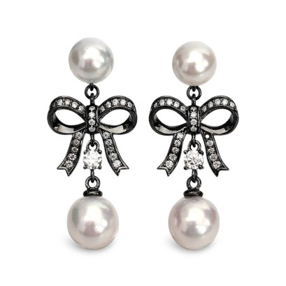 Approx. 6.0-6.5 mm and 8.0-8.5 mm, Akoya Pearl, Bow Double Pearl Stud Earrings