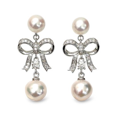 Approx. 6.5 mm and 8.0 mm, Akoya Pearl, Bow Double Pearl Stud Earrings