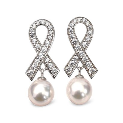 Approx. 8.0 - 8.5 mm, Akoya Pearl, Bow CZ Dangle Pearl Stud Earrings