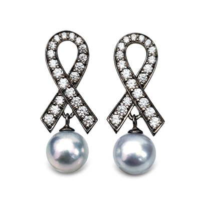 Approx. 8.0 mm, Blue Rose, Akoya Pearl, Bow Dangle Pearl Stud Earrings