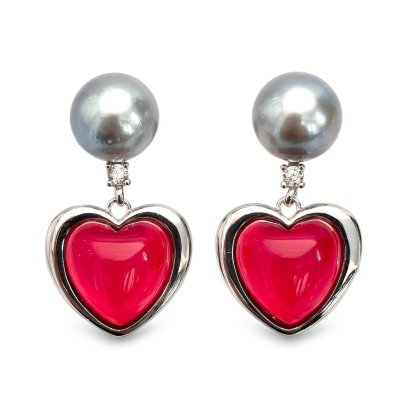 Approx. 8.0-8.5 mm, Blue Rose, Akoya Pearl, Stud Pearl Dangle Red Heart Earrings