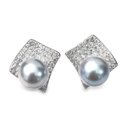 Approx. 8.0 mm, Blue Rose, Akoya Pearl, Bent Plate CZ Paved Pearl Stud Earrings