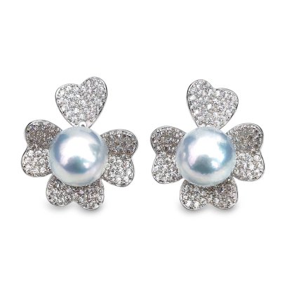 Approx. 8.0 mm up, Blue Rose, Akoya Pearl, Clover Leaf Pearl Stud Earrings