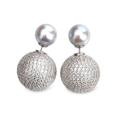 Approx. 8.0 mm up, Blue Rose, Akoya Pearl, Pearl Front Disco Ball Back Double Stud Earrings