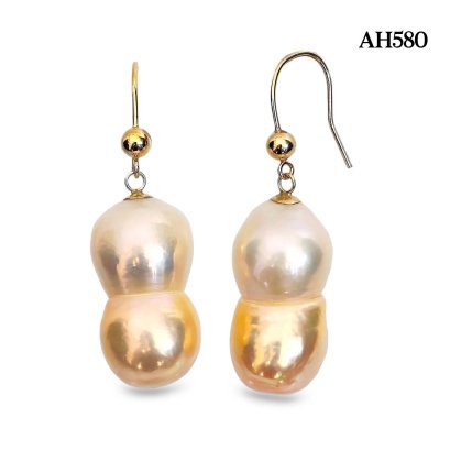 12.0-13.0 mm, Twin Pearl, Freshwater Pearl, Fish Hooks Pearl Earrings