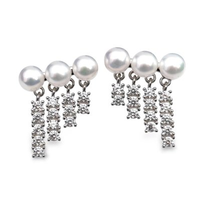 Approx. 4.5 - 5.0 mm, AK Pearl, Triple Pearl Dangle Three Stones CZ Stud Earrings