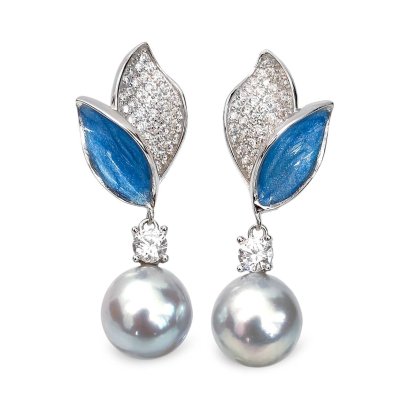 Approx. 8.0 mm, Blue Rose, Akoya Pearl, Blue Leaves CZ Paved Dangle Pearl Stud Earrings