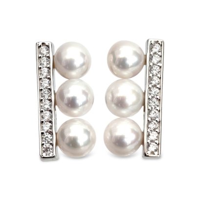 Approx. 5.5 mm, AK Pearl, Triple Pearl Bar CZ Paved Stud Earrings