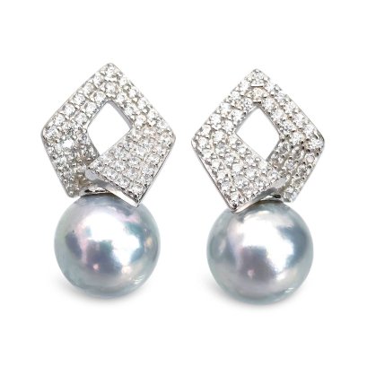 Approx. 8.0 mm, Bluish Gray, Akoya Pearl, Diamond CZ Paved Pearl Stud Earrings