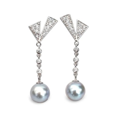 Approx. 8.0 mm, Blue Rose, Akoya Pearl, V Dangle Pearl Stud Earrings