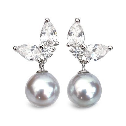 Approx. 8.0 mm, Blue Rose, Akoya Pearl, Duo Drop CZ Dangle Pearl Stud Earrings