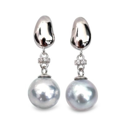 Approx. 8.0 mm, Blue Rose, Akoya Pearl, Drop Plate Dangle Pearl Stud Earrings