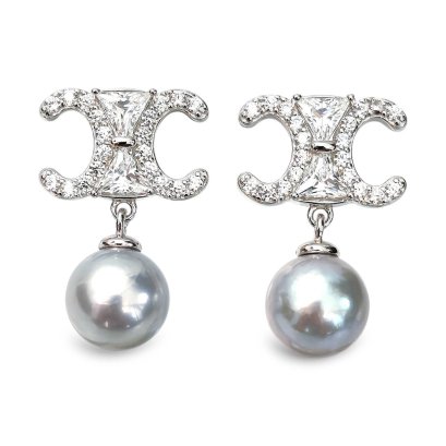 Approx. 8.0 mm, Blue Rose, Akoya Pearl, CL CZ Paved Dangle Pearl Stud Earrings