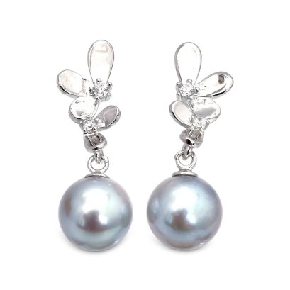 Approx. 8.0 mm, Blue Rose, Akoya Pearl, Flower Dangle Pearl Stud Earrings