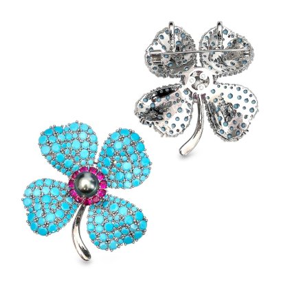 Approx. 7.0 mm, Tahitian Pearl, Synthetic Turquoise Flower Pearl Alloy Brooch
