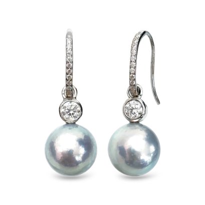 Approx. 8.8 mm, Blue Rose, Akoya Pearl, Fish Hook Front CZ Paved with CZ Dot Pearl Jacket