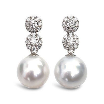12.1 mm and 12.1 mm, White South Sea Pearl, Double Circle Diamond Paved Dangle Pearl Jacket Stud Earrings