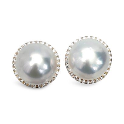 Approx. 12.0 mm, White South Sea Pearl, Stud Pearl Earrings with Halo CZ Jackets