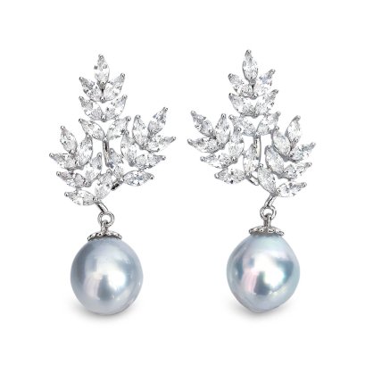Approx. 9.7 mm and 9.8 mm, White South Sea Pearl, Olive Bunch Dangle Pearl Stud Earrings
