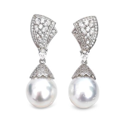 Approx. 10.0 - 11.0 mm, White South Sea Pearl, Heaven Rainbow CZ Paved Dangle Pearl Stud Earrings
