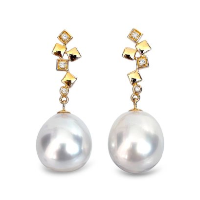 11.4 mm and 11.5 mm, White South Sea Pearl, Cubes Dangle Pearl Stud Earrings