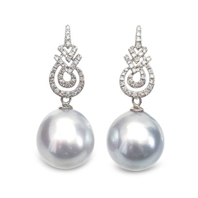 12.0 mm and 12.0 mm, White South Sea Pearl, Royal Monarchy Dangle Pearl Stud Earrings