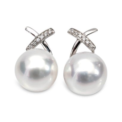 Approx. 9.0 mm, White South Sea Pearl, X Diamond Paved Pearl Stud Earrings