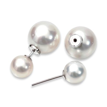 9.4 mm and 9.4 mm and 13.7 mm and 13.9 mm, White South Sea Pearl, Front Back Double Pearl Stud Earrings