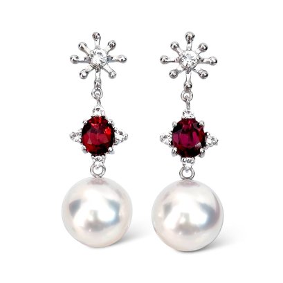 Approx. 12.0 mm up, White South Sea Pearl, "Red Snowflake" Dangle Pearl Jacket Stud Earrings