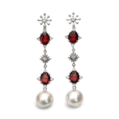 Approx. 12.0 - 13.0 mm, White South Sea Pearl, "Red Snowflake" Dangle Pearl Stud Earrings