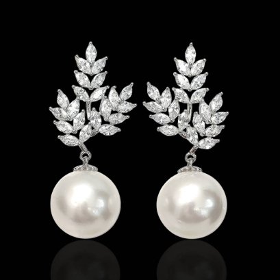 13.3 mm and 13.5 mm, White South Sea Pearl, Olive Bunch Dangle Pearl Stud Earrings