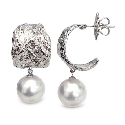 Approx. 11.0 mm, White South Sea Pearl, Tree Peel Dangle Pearl Stud Earrings