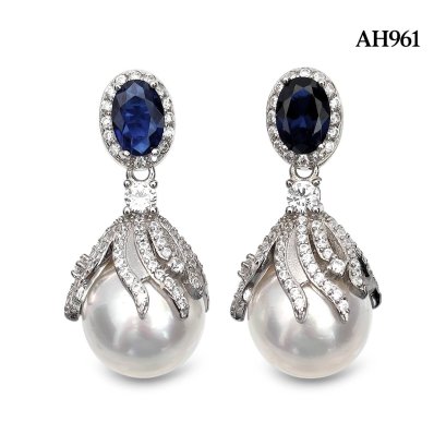 Approx. 11.0 mm up, White South Sea Pearl, Blue CZ Icicle Cap Pearl Stud Earrings