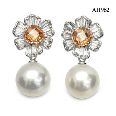 Approx. 11.0 mm, White South Sea Pearl, Flower CZ Dangle Pearl with Jacket Pearl Stud Earrings