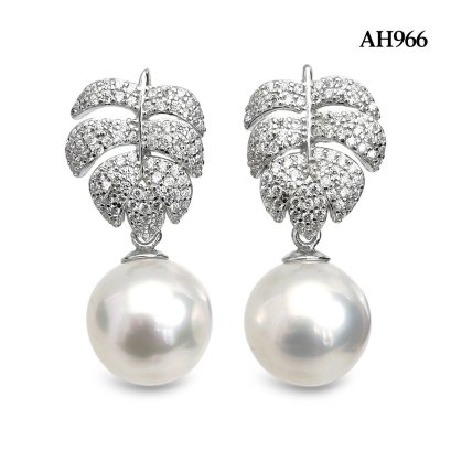 Approx. 10.0 mm, White South Sea Pearl, Leaf CZ Paved Dangle Pearl Stud Earrings