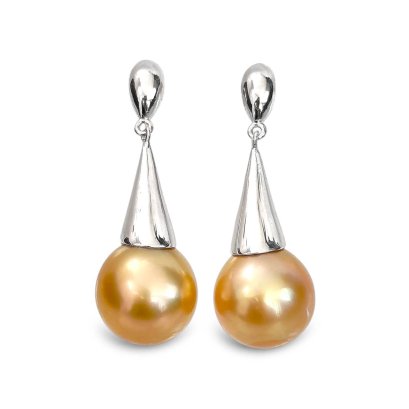 Approx. 11.2 mm, Gold South Sea Pearl, Cone Cap Pearl Stud Earrings