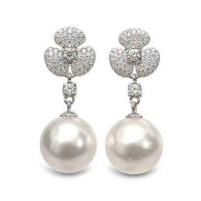 12.1 mm and 12.1 mm, White South Sea Pearl, Clover Leaf Diamond Paved Dangle Pearl, Stud Earrings