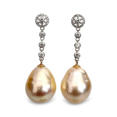 Approx. 14.0 mm, Gold South Sea Pearl, Diamond Wheel Stripe Dangle Pearl Stud Earrings