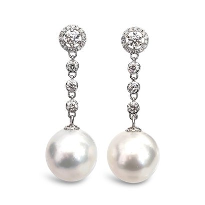 Approx. 12.0 mm, White South Sea Pearl, Diamond Wheel Diamond Stripe Dangle Pearl Stud Earrings