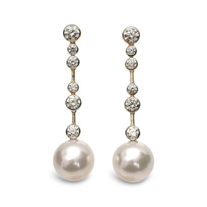 13.4 mm and 13.5 mm, White South Sea Pearl, Diamond Stripe Dangle Pearl Stud Earrings
