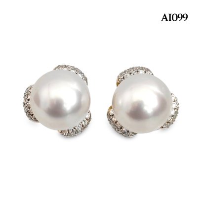 9.1 mm and 9.2 mm, White South Sea Pearl, Three Petals Diamond Paved Solitaire Pearl Stud Earrings