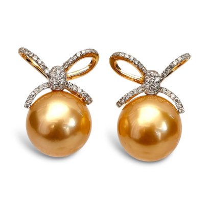 12.7 mm and 12.8 mm, Gala Gold Lot, Gold South Sea Pearl, Bow Diamond Pearl Stud Earrings