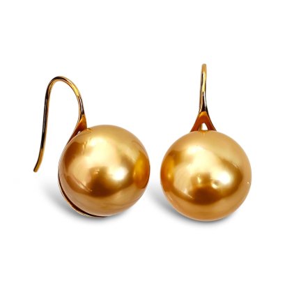 13.6 mm and 13.7 mm, Gala Gold Lot, Gold South Sea Pearl, Fish Hooks Spoon Pearl Earrings