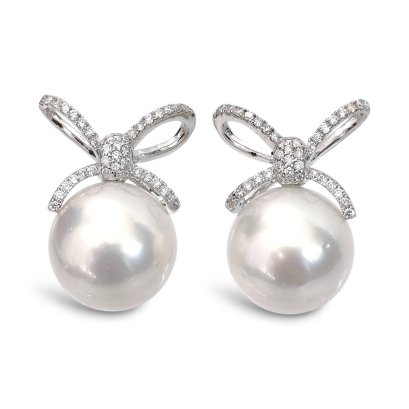 12.8 mm and 12.8 mm, White South Sea Pearl, Bow Diamond Pearl Stud Earrings