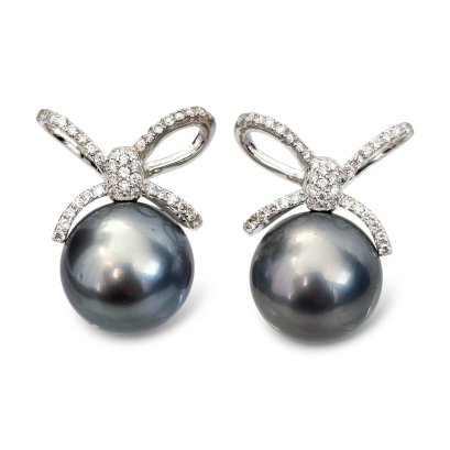 11.7 mm and 11.8 mm, Tahitian Pearl, Bow Diamond Pearl Stud Earrings