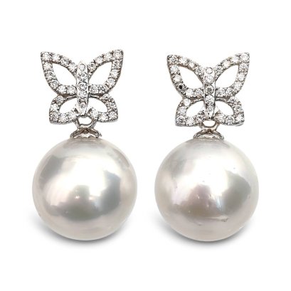 Approx. 12.0 mm, White South Sea Pearl, Butterfly Diamond Dangle Pearl Stud Earrings