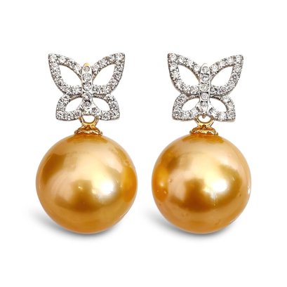 13.0 mm and 13.1 mm, Gala Gold Lot, Gold South Sea Pearl, Stencil Butterfly Diamond Paved Dangle Pearl Stud Earrings