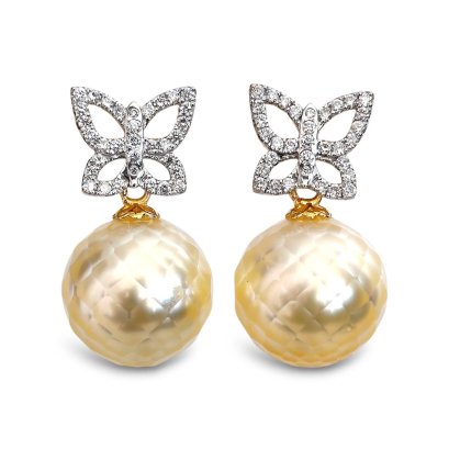 11.9 mm and 12.2 mm, Hanashinju Pearl, Gold South Sea Pearl, Stencil Butterfly Diamond Paved Dangle Pearl Stud Earrings