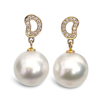 11.8 mm and 11.8 mm, White South Sea Pearl, Freeform Shaped Diamond Paved Dangle Pearl Stud Earrings