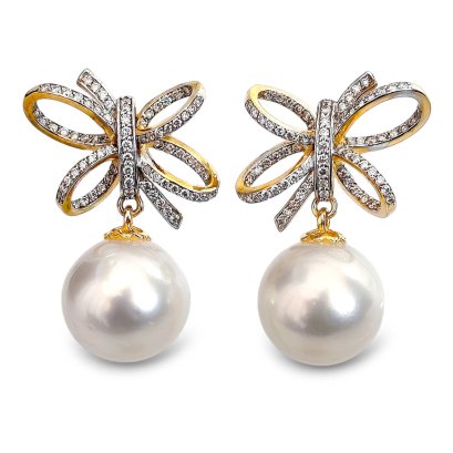 14.0 mm and 14.0 mm, White South Sea Pearl, Diamond Bow Pearl Stud Earrings